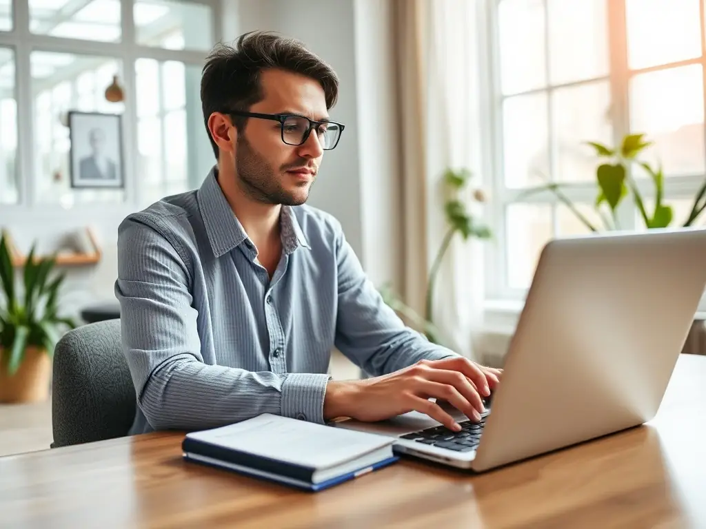 A professional engaging in an online strategic planning course in a modern home office.