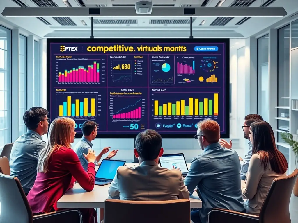 A group of professionals in a virtual workshop on competitive analysis with charts and graphs on display.
