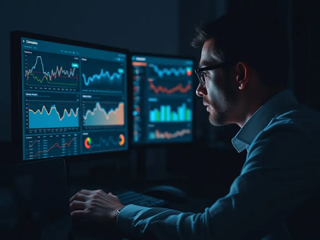 A market analyst reviewing trends on a digital dashboard.