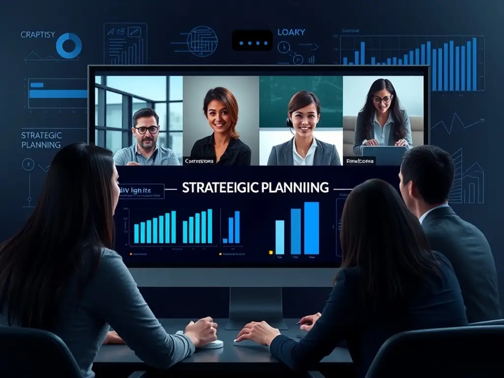 Professionals collaborating in a virtual meeting on strategic planning.